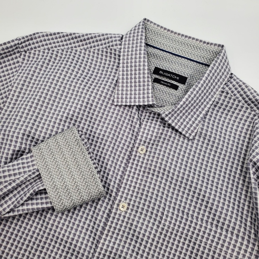 BUGATCHI Men's Classic‎ Fit L/S Button Down Shirt Grey White Checkered 24" Chest